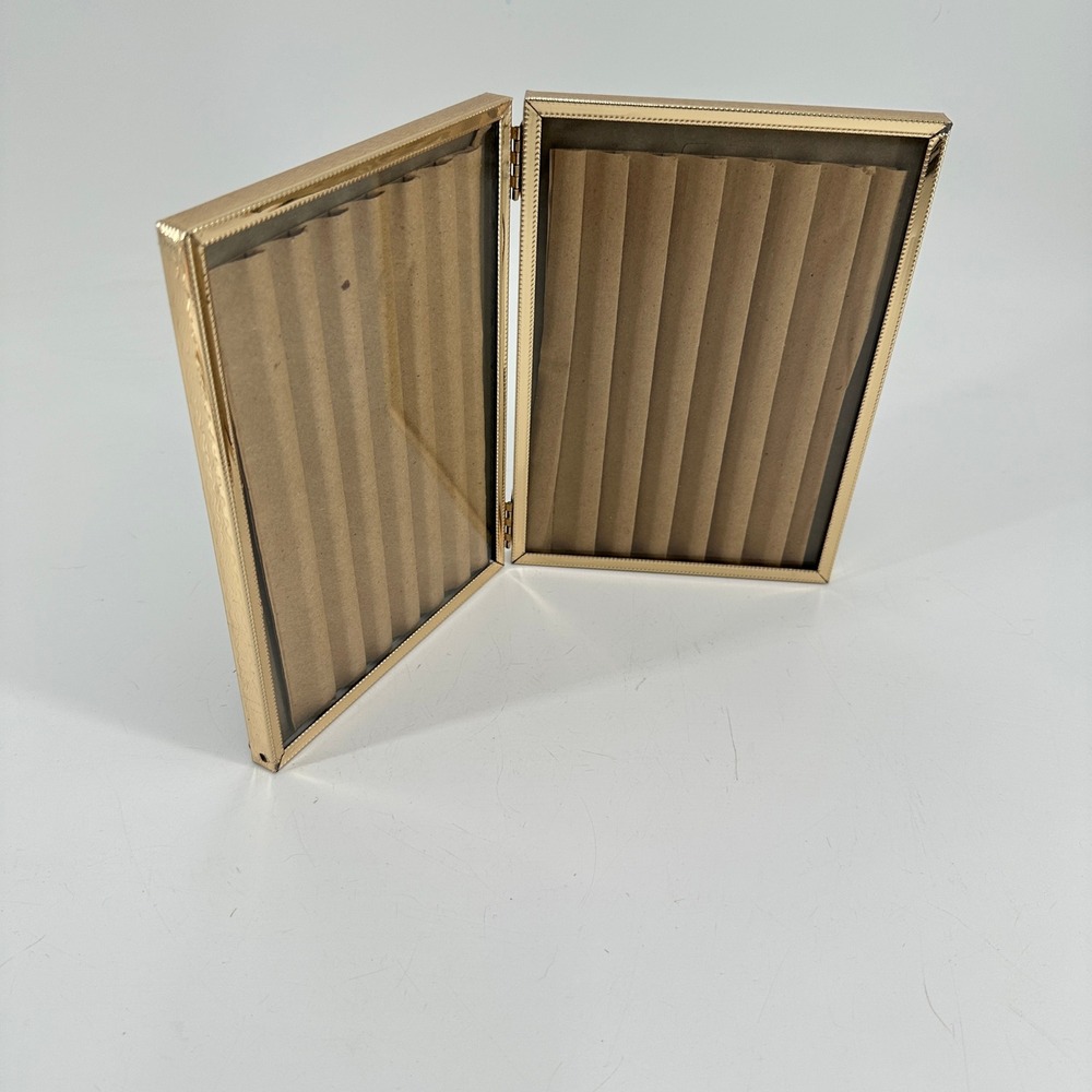 Vintage Style Gold Tone Metal Beaded Double Hinged 5x7 Picture Frame Bi-Fold